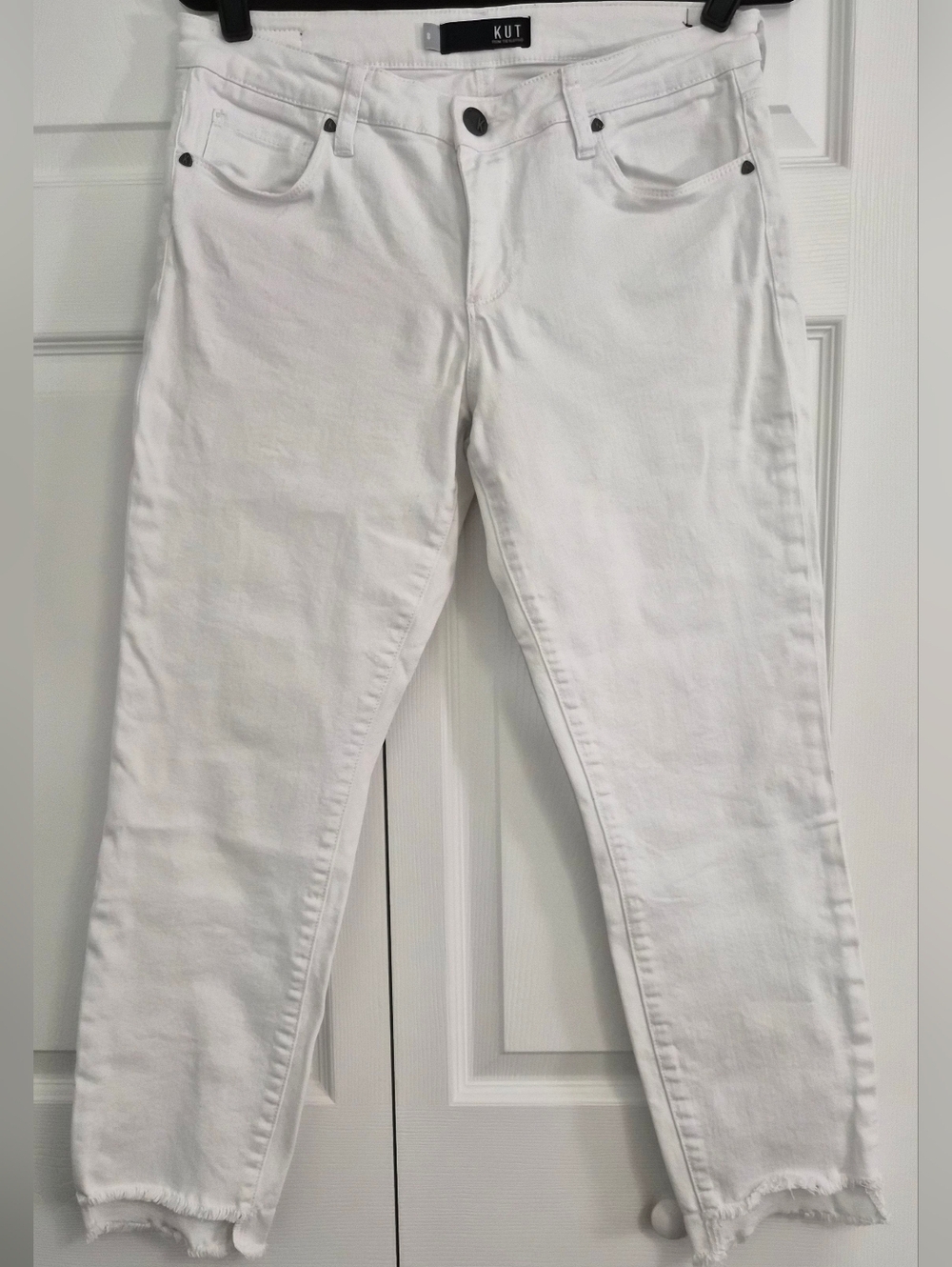 KUT Reese White Jeans 8 Raw Hem Ankle Straight High Rise Summer